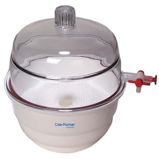 Vacuum desiccator with polycarbonate cover and polypropylene base. 10"/250mm diameter