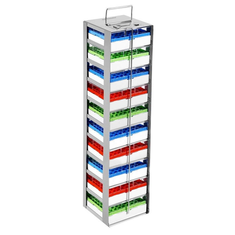 Stainless Steel (SUS304) Vertical chest-type Freezer Rack, 2 inch freezer box*10 units layout. Dimensions suit: 133*133*53mm box. Suitable for DW-150W209A, DW-86W420JA.