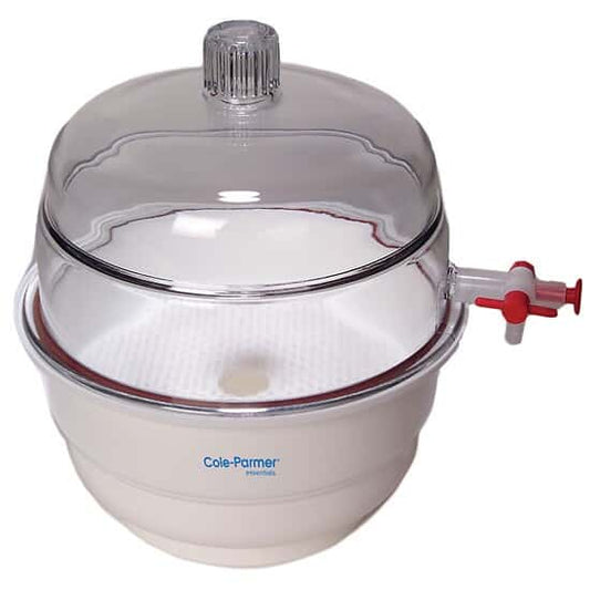 Vacuum desiccator with polycarbonate cover and polypropylene base. 10"/250mm diameter