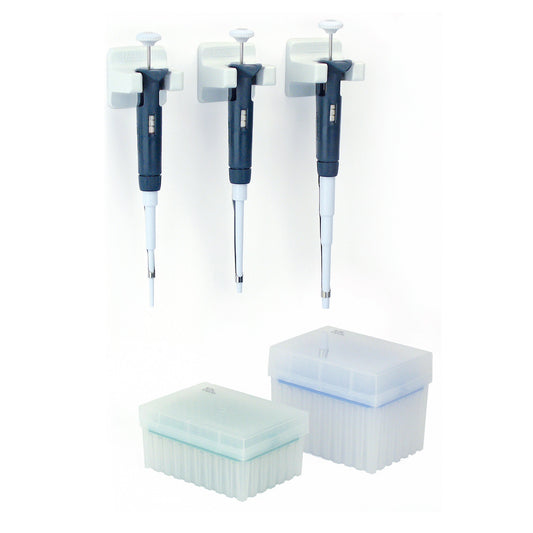 Starter Kit Includes 3 Rainin Classic Manual Single-Channel Pipettes 2-20ul, 20-200ul & 100-1000ul, 2 Racks Universal-Fit Tips, 3 Hang-Ups