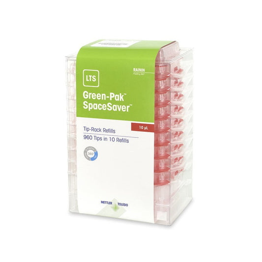 Tip 10ul, Green-Pak Space Saver for Rainin Pipettes with LTS LiteTouch, Low-Retention, Stacked Refills, 20µL Max. Volume, Sterilized, 960 tips in 10 layers of 96
