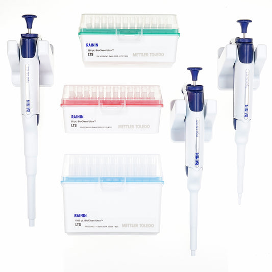 Starter Kit Includes 3 Rainin Pipet-Lite XLS+ Manual Single-Channel Pipettes LTS LiteTouch 2-20ul, 20-200ul & 100-1000ul, 3 Racks LTS Tips, 3 Hang-Ups
