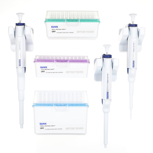 Starter Kit Includes 3 Rainin Pipet-Lite XLS+ Manual Single-Channel Pipettes 2-20ul, 20-200ul & 100-1000ul, 3 Racks Universal-Fit Tips, 3 Hang-Ups
