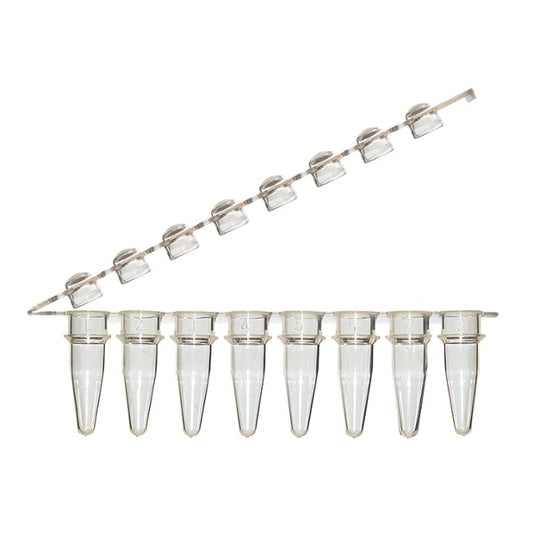 0.2 mL 8-Strip PCR UltraFlux® z Tubes with Hinged Attached Dome Caps, Clear
