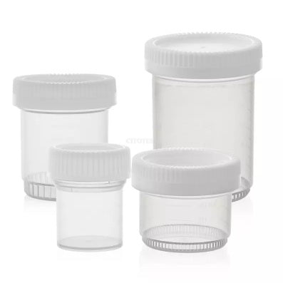 Container, 50ml, PP, 41diam x 40mm H, graduated, Sterile, White PE Screw Cap