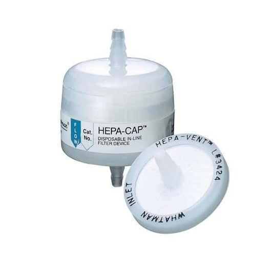 Whatman™ HEPA-VENT disk filter, 50 mm, 1/4 to 3/8 in. stepped barb inlet and outlet