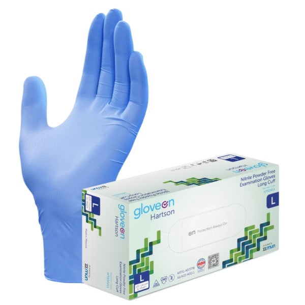 GloveOn®- HARTSON Nitrile Exam Gloves Powder Free, Aqua Blue, Long Cuff, Extra Large