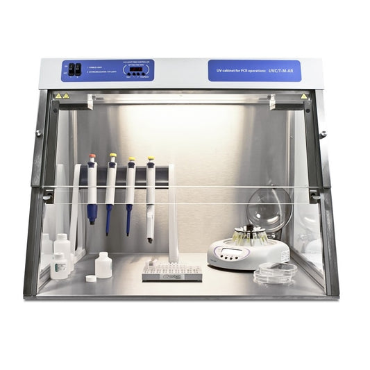 UV cabinet/PCR workstation, stainless steel work surface, glass sides & front, dual UV protection lamp and UV recirculator, 1 cable inlet & 1 internal power socket