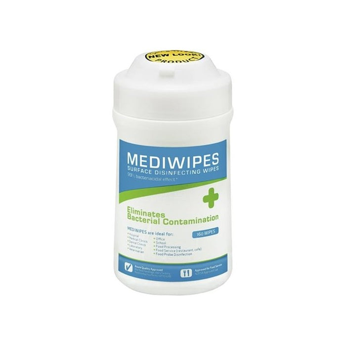 Mediwipes Antibacterial Surface Wipe, 99.99% Antibacterial, 160 wipes per cannister, 12 Cannisters per carton